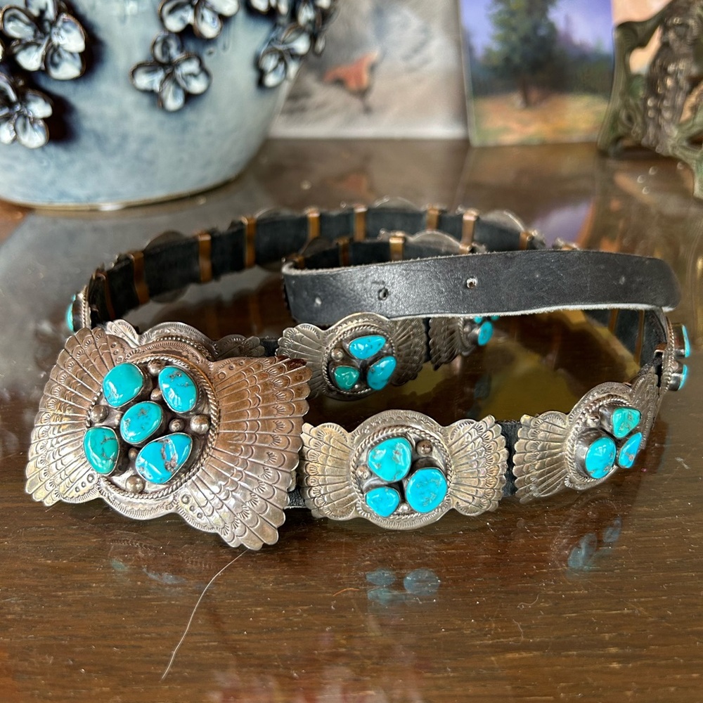 Very Rare  1960s Signed Navajo Turquoise Sterling Silver Concho  Belt Beautiful!